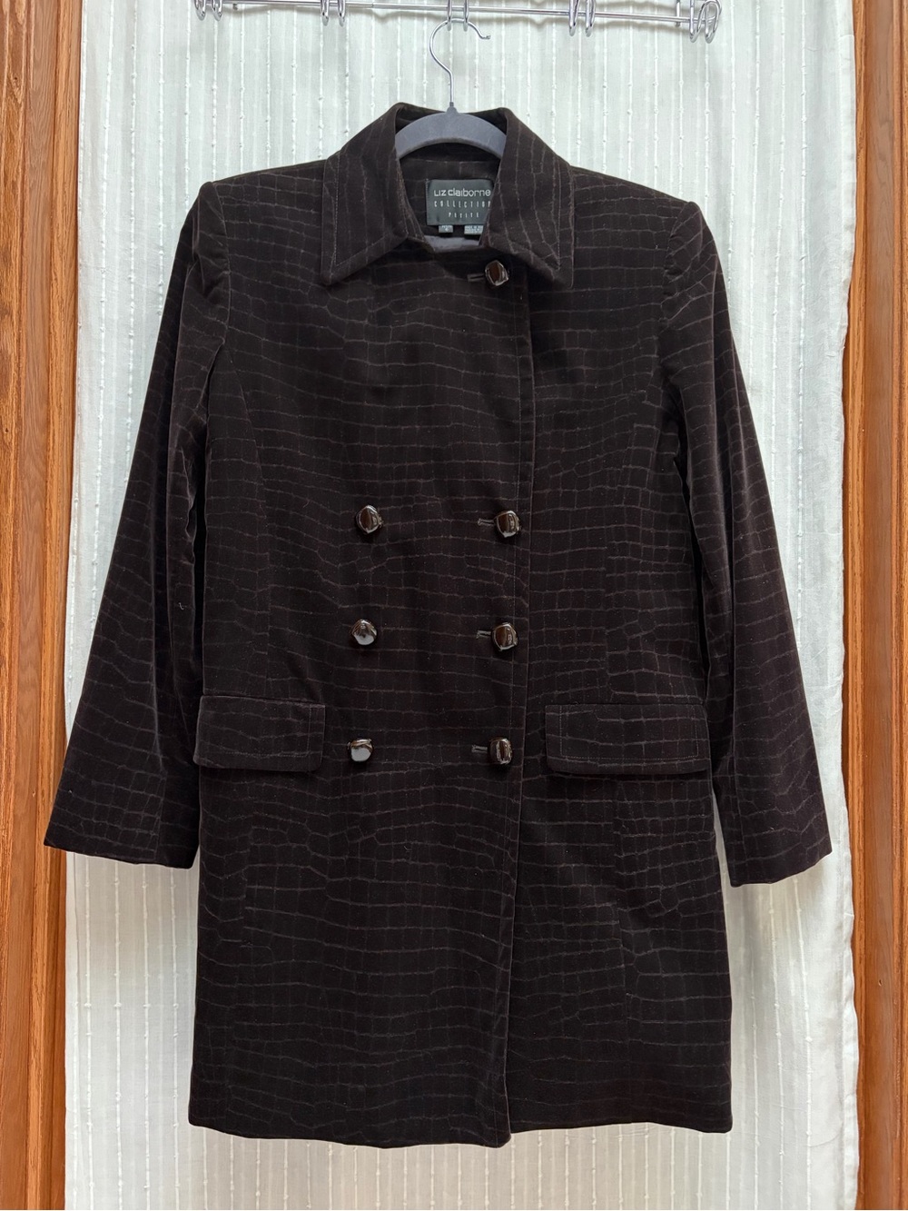 🔆Vtg Liz Claiborne Collection Petite Velvet Trench Coat Brown Croc Embossed Sz 6